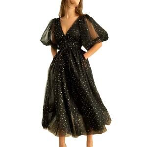 Celestial Stars & moon tulle puffy sleeve pleated black dress Size 12 witchy